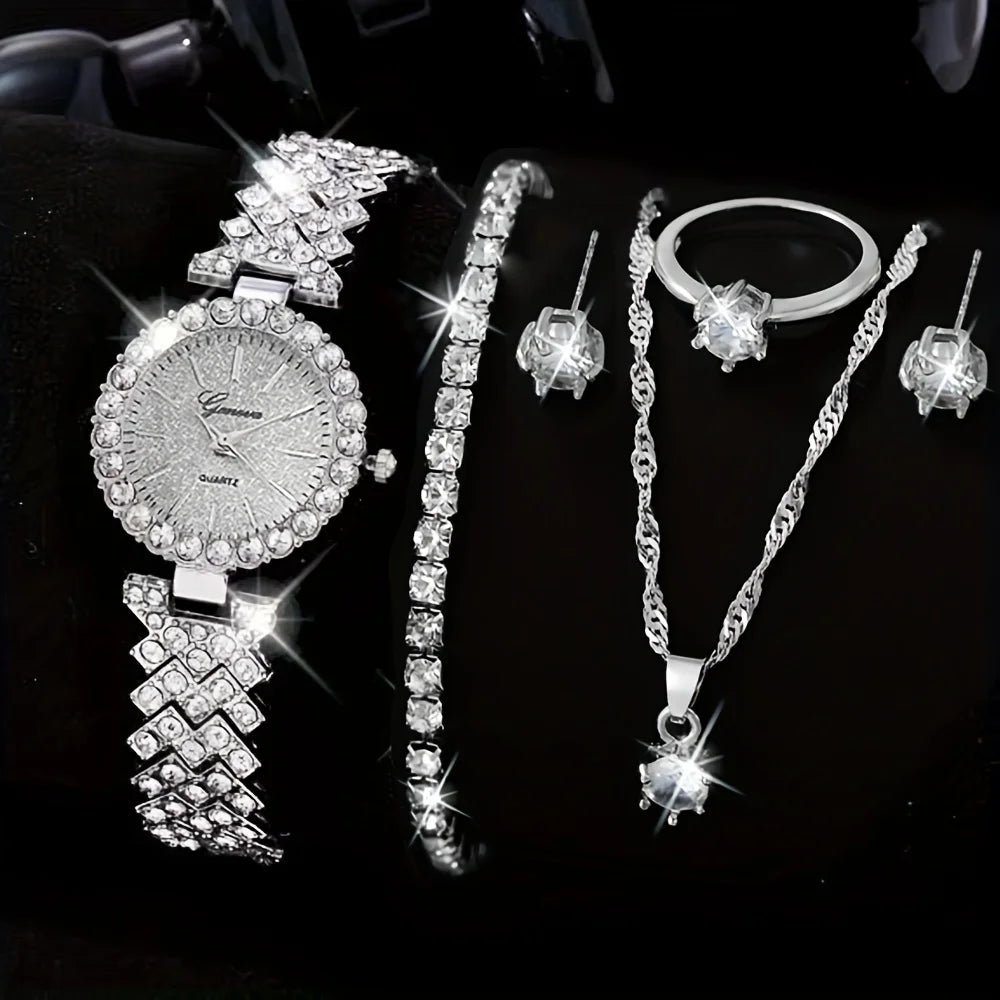 1pc Rhinestone Decor Quartz Watch Elegant Analog Wristwatch & 5pcs Jewelry Set, Festival Gift For Women Qme silver set
