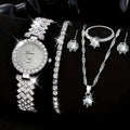 1pc Rhinestone Decor Quartz Watch Elegant Analog Wristwatch & 5pcs Jewelry Set, Festival Gift For Women Qme silver set
