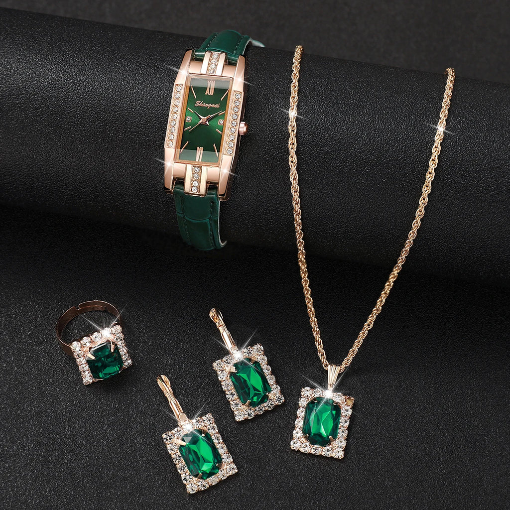 5Pcs/set Elegant temperament square women's quartz watch Korean style personality small green watch belt women's watch Qme