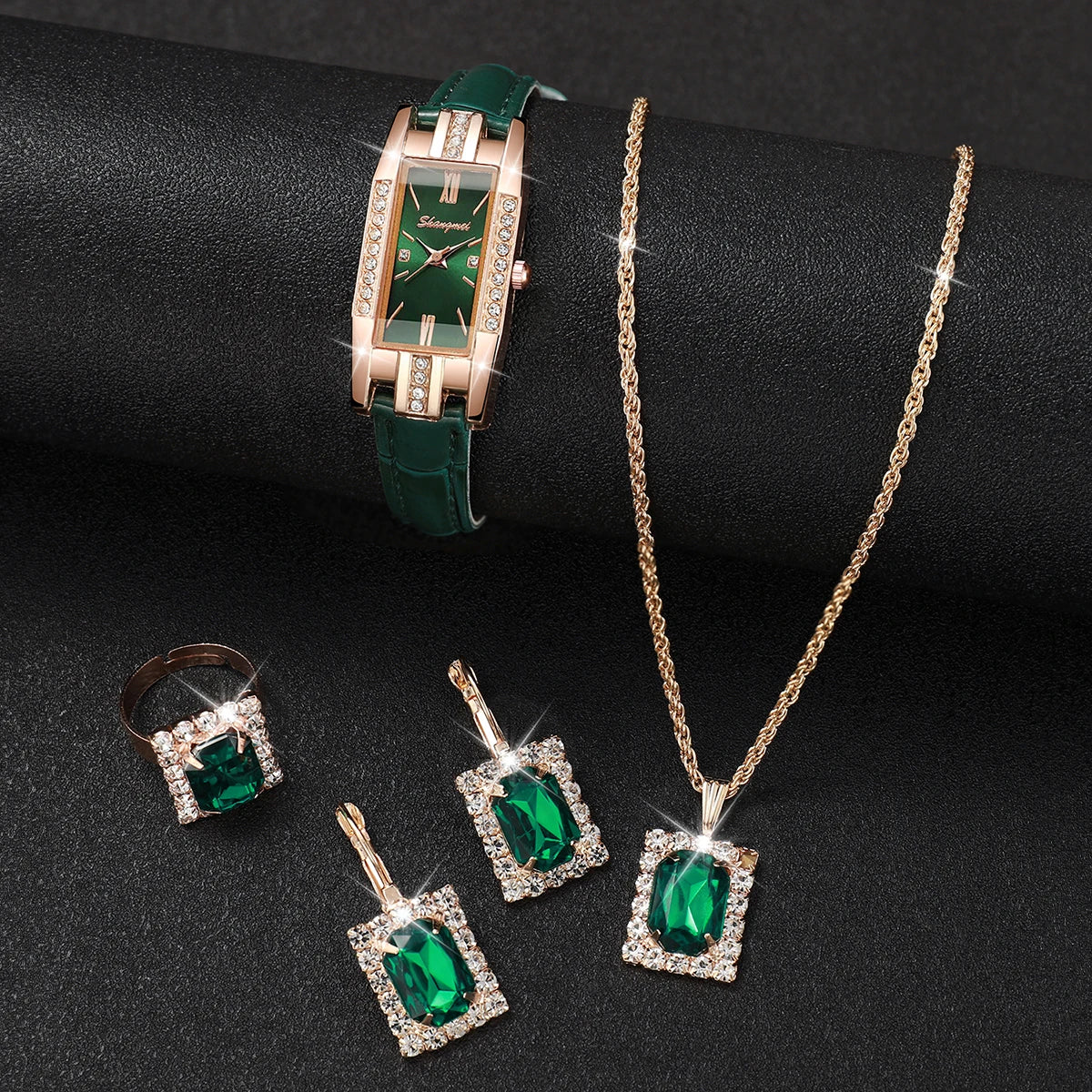 5Pcs/set Elegant temperament square women's quartz watch Korean style personality small green watch belt women's watch Qme
