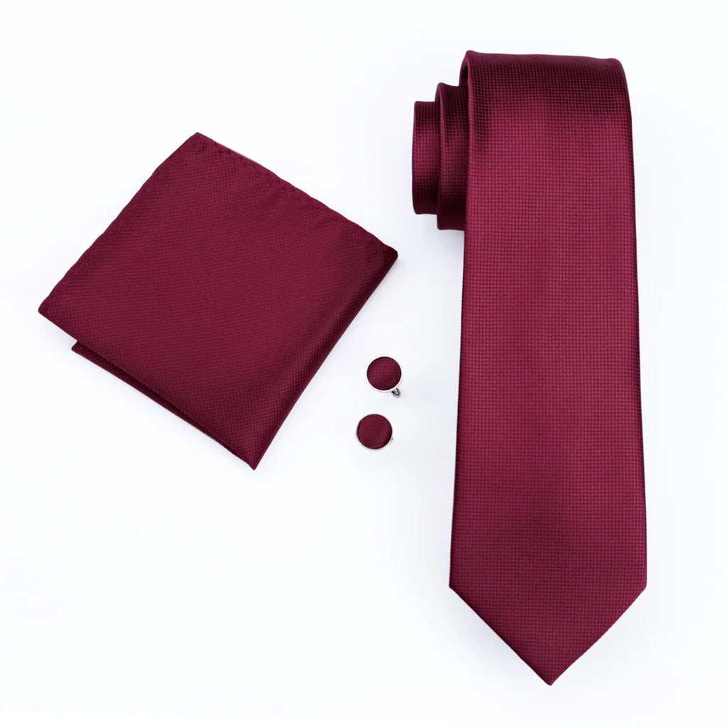 Burgundy Solid Mens Necktie Luxury Wide Wedding Tie Pocket Square Qme