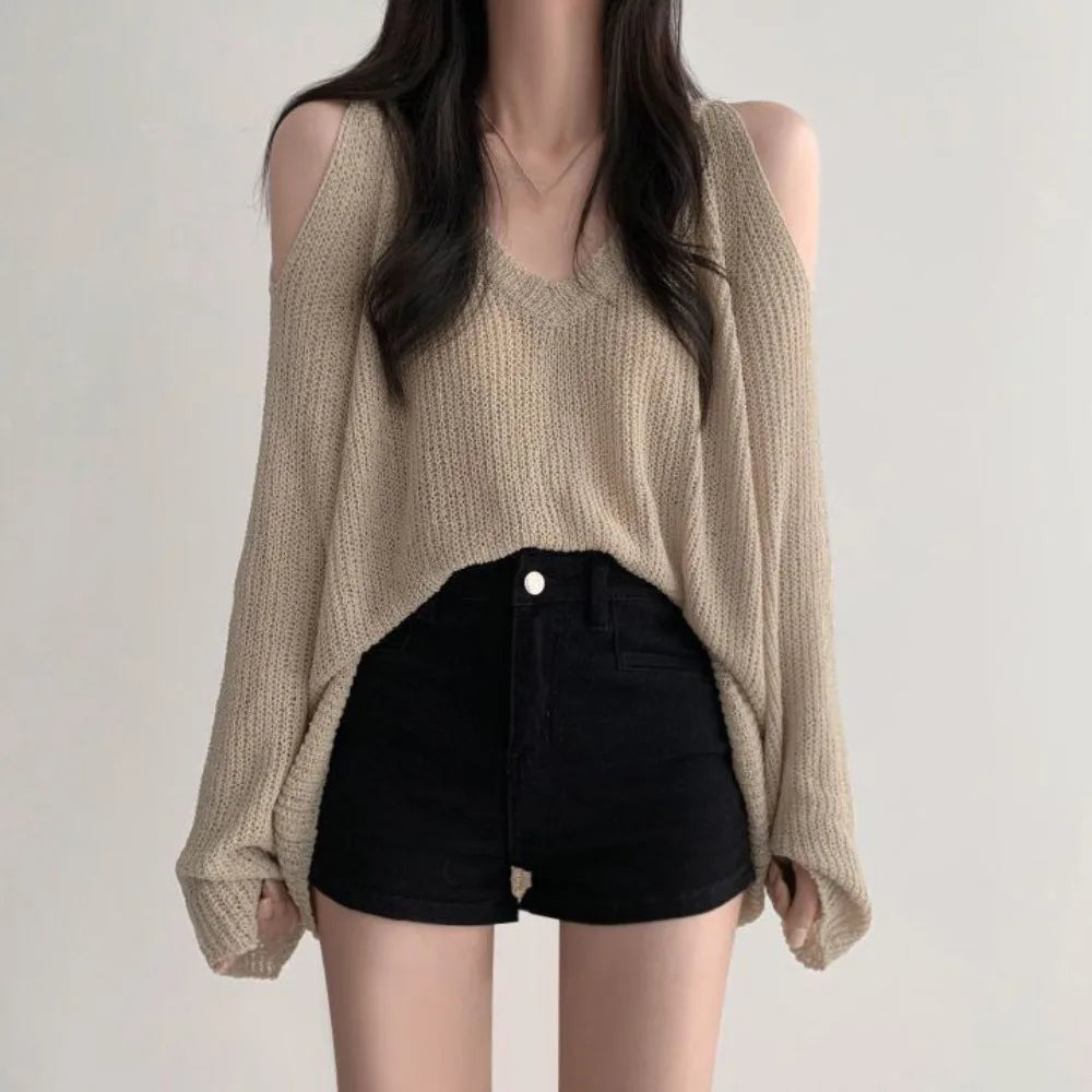 Chic Hollow Out Knit Long T-shirt Sleeve Pullover Crochet Knitwear Qme Apricot One Size