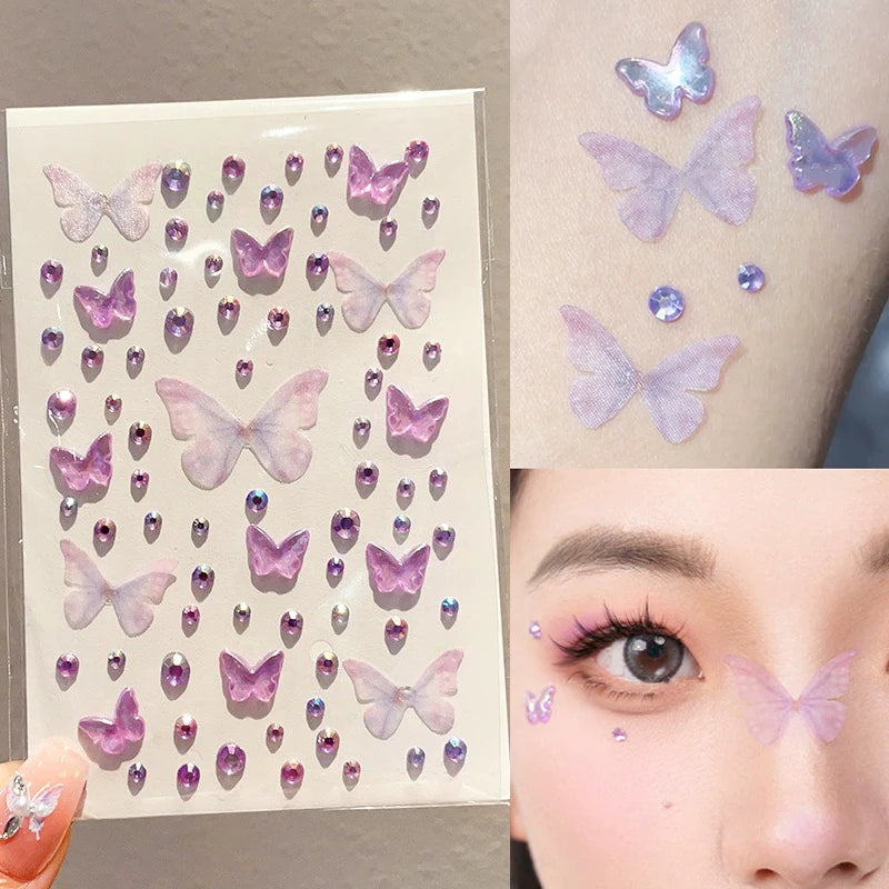 1Sheet Sparkling Butterfly Face Gems Dazzling Rhinestone Tattoos Stickers Eye & Facial 3D Fairy Gold Butterfly Stage Makeup Qme