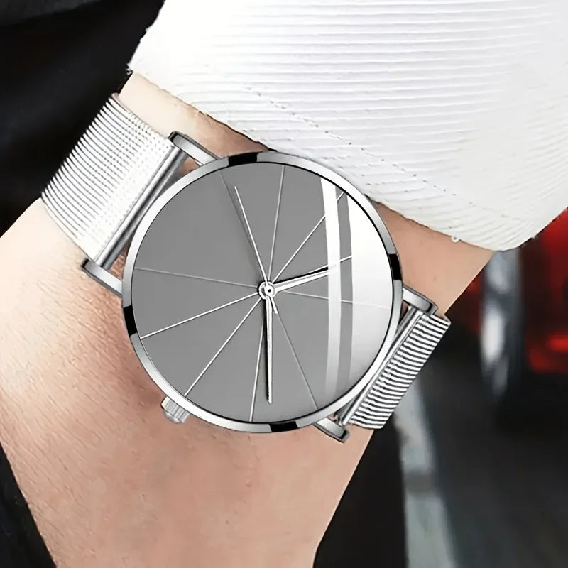 2pcs/set Men's Business Minimalist Quartz Watch Stainless Steel Mesh Band Wrist Watch & Bracelet, Father's Day Valentine's Day Qme