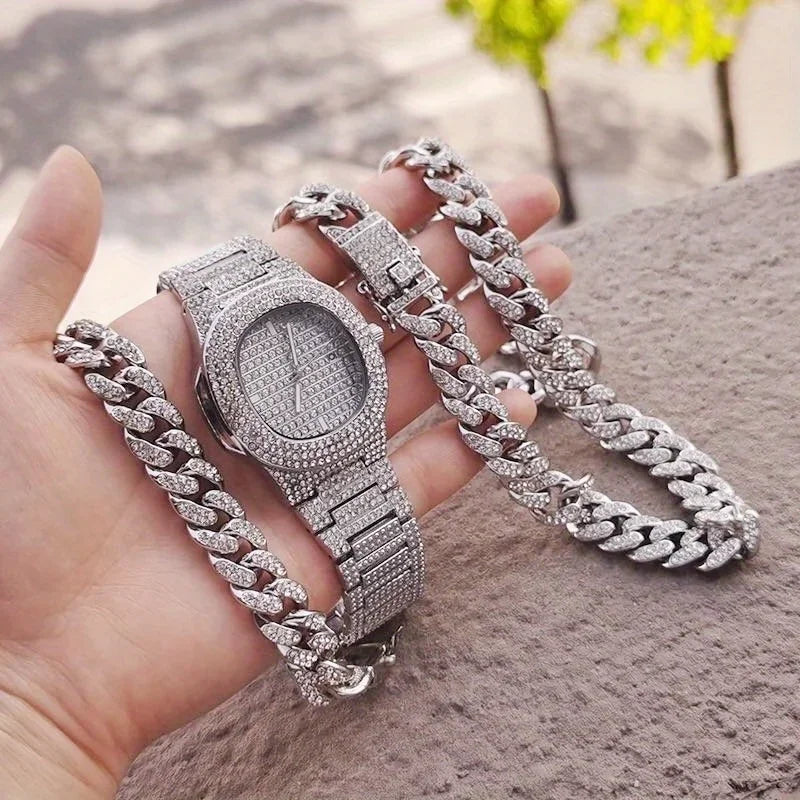 Quartz Watch Fashion Luxury Diamond Set Quartz Watch Business Style Large Dial Men's Watch Watch+Hip Hop Chain Qme