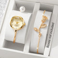 3Pcs/Set Women's Gold Jewelry Watch Set, Quartz Bangle Watch + Rose Bracelet + Pearl Earrings, Elegant Style Qme Gold No Box
