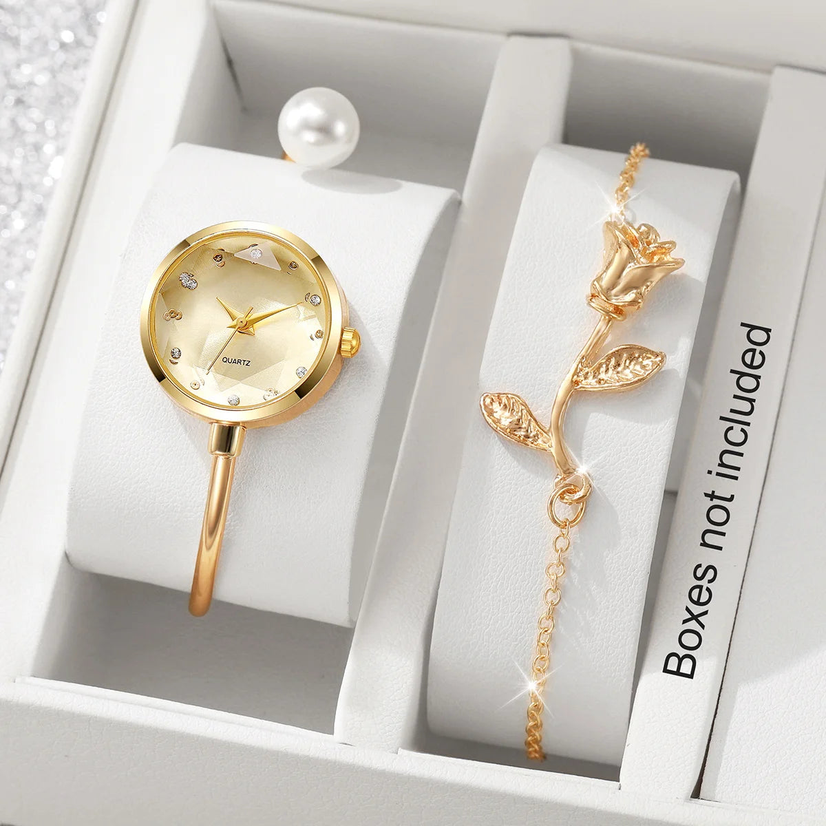 3Pcs/Set Women's Gold Jewelry Watch Set, Quartz Bangle Watch + Rose Bracelet + Pearl Earrings, Elegant Style Qme Gold No Box