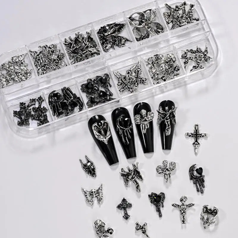 12Grid Vintage Cross Nail Art Charms Y2k Metal Alloy Skeleton Angel Qme