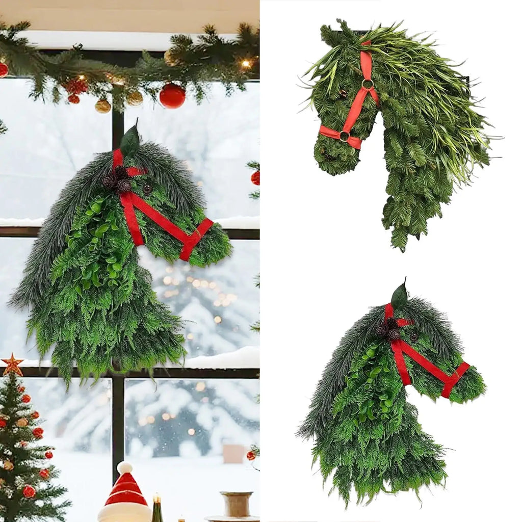 Horsehead Christmas Wreath Horsehead Gate Ring Rural Farmhouse Equestrian Theme Door Decoration 40cmx30cm Qme