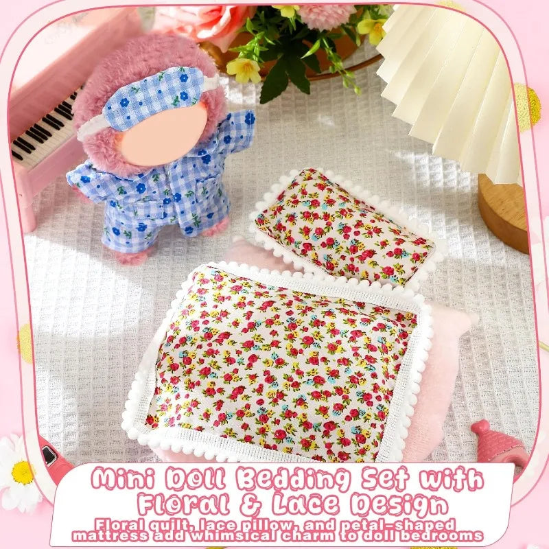 3 pieces of 17cm doll pillows, mattresses, duvet covers, cute floral bed covers, doll accessories, comfortable sleeping gifts Qme