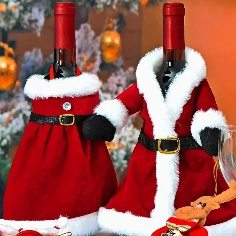 2PCS Christmas Wine Bottle Cover Velvet Dress Clothes Set Wine Bottle Ornaments Bag Xmas Party Dinner Table Decoration Gifts Qme
