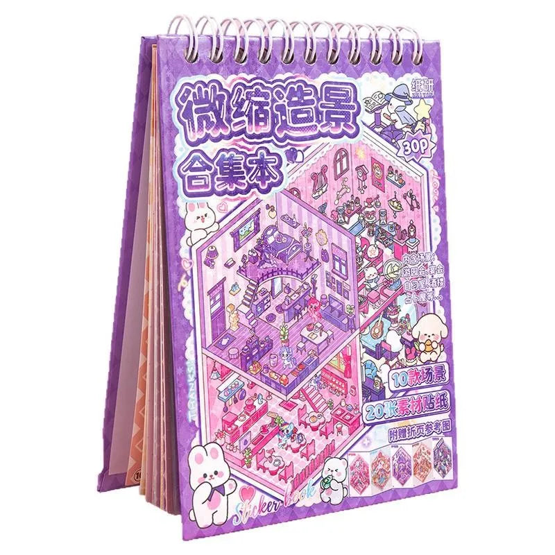20-Sticker Cute Animal Miniature Scenery Spiral Book, 10 Different Scenes, Stress-Relief Scenery Sticker Album Qme