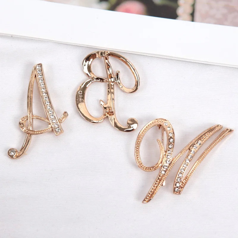 Fashion Women Rhinestone Brooch A-z English Letter Gold Metal Pins Qme