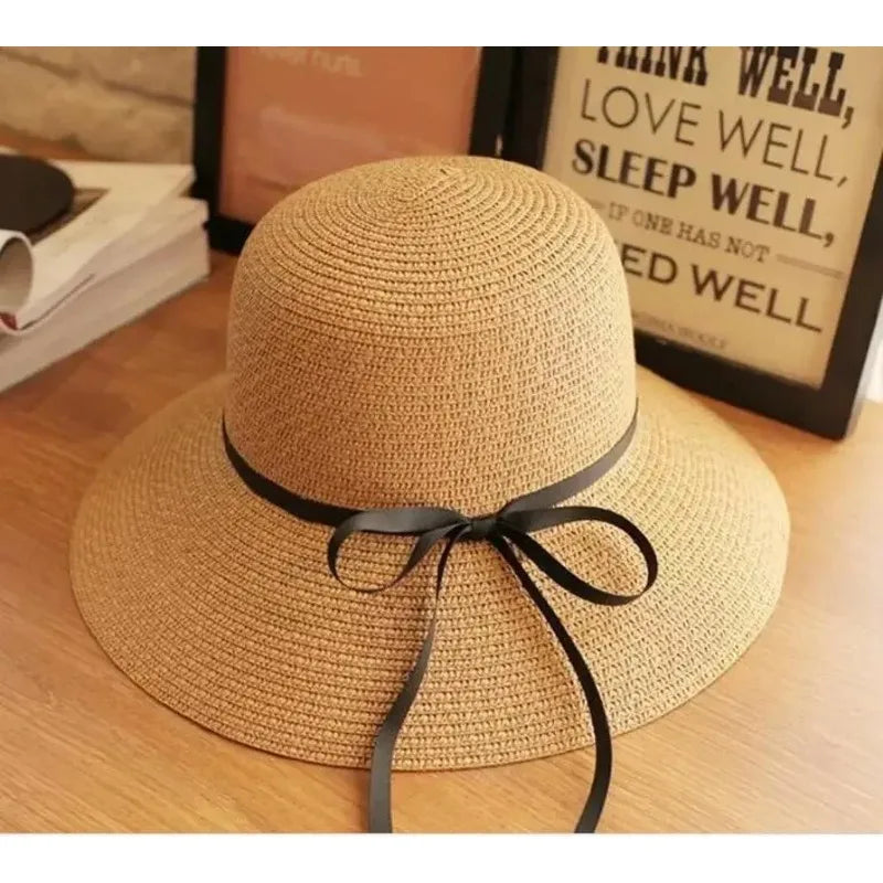 Wide Brim Bowknot Ribbon Straw Sun Hats Women Girls Summer UV Qme