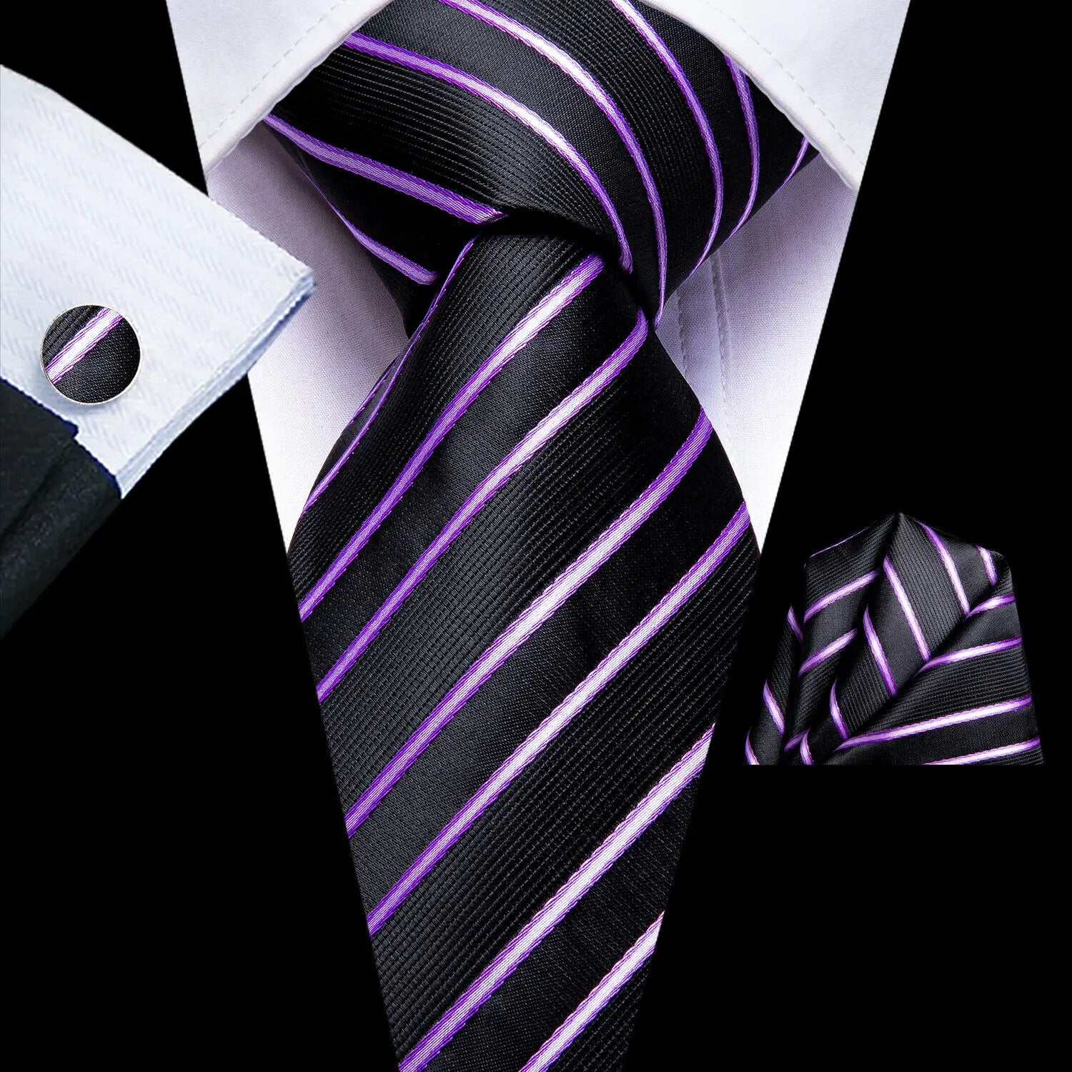 Hi-Tie 3pcs Mens Tie Purple Floral Stripes Solid Necktie Pocket Square Cufflinks Set Wedding Formal Casual Office Party Qme LDSN3353