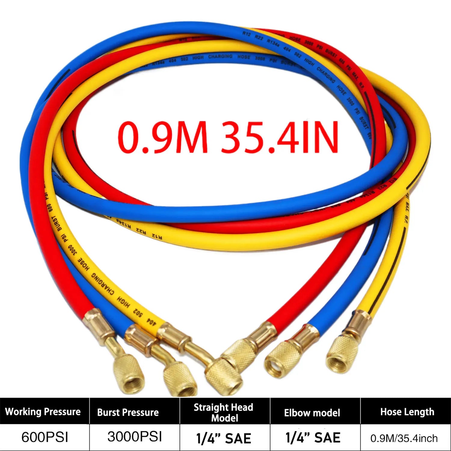 0.9M-1.8M AC Charging Hose Tube Kit Hose Low Loss Fittings for R134A R12 R22 Refrigerant Air Conditioning Manifold Gauge Qme 0.9M 3000psi