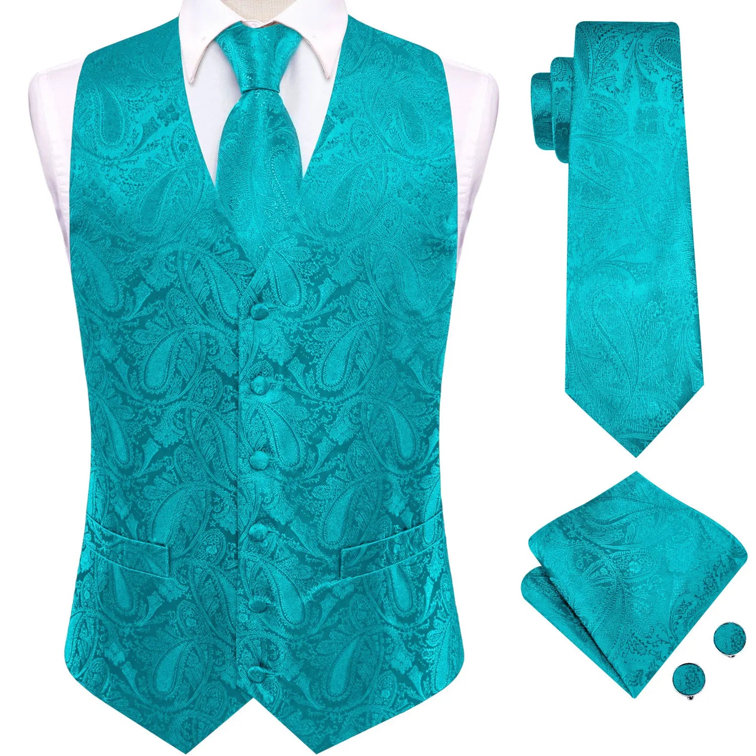 Mens Suit Vest Tie Hanky Cufflinks Rose Teal Pink Coral Blue Red Qme MJTZ3551 L