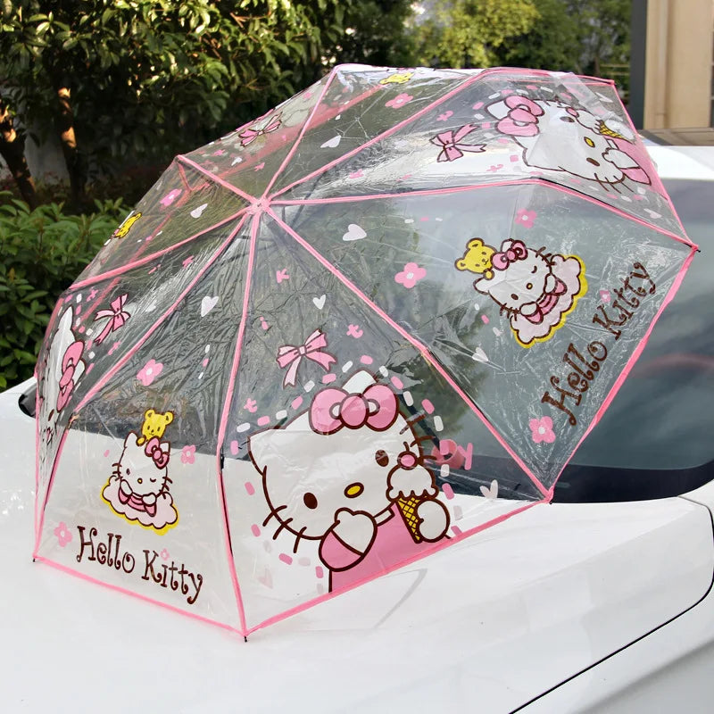 Hello Kitty Kuromi Cartoon Transparent Umbrella Fully Automatic Folding Thickened Three-Fold Student Umbrella Qme 2 Manual