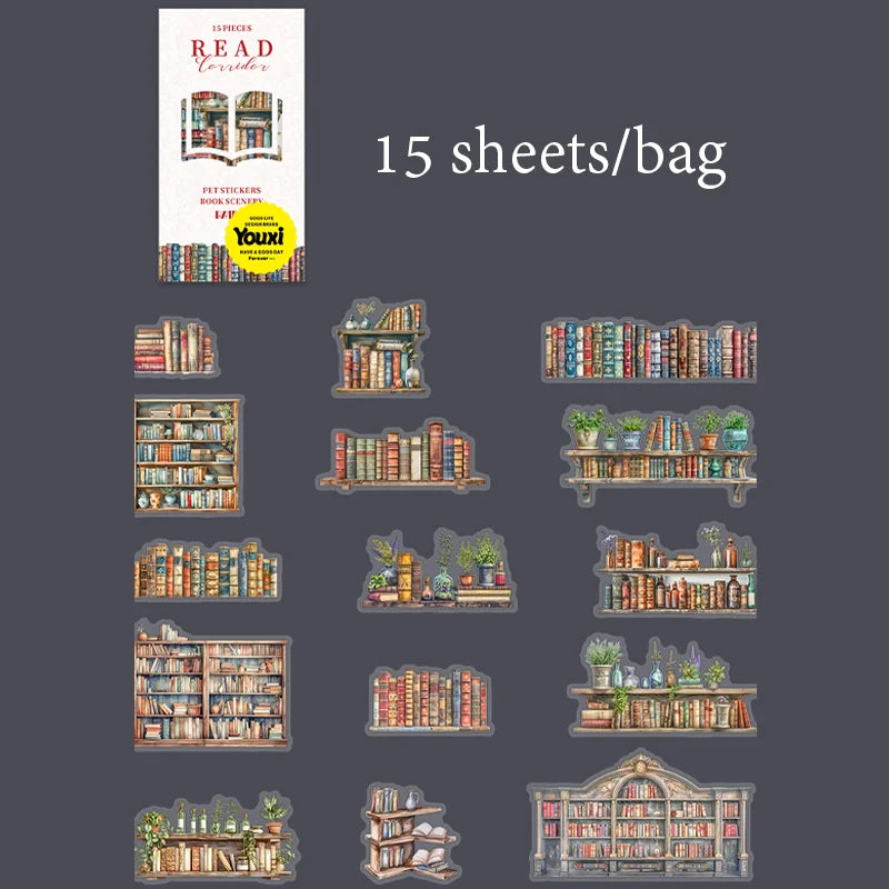 15 Sheets/Bag Book Scene Stickers for Creative Scrapbook, Clipbook, Office Stationery, Planner, Phone Cases, Decorative Gift Qme 2