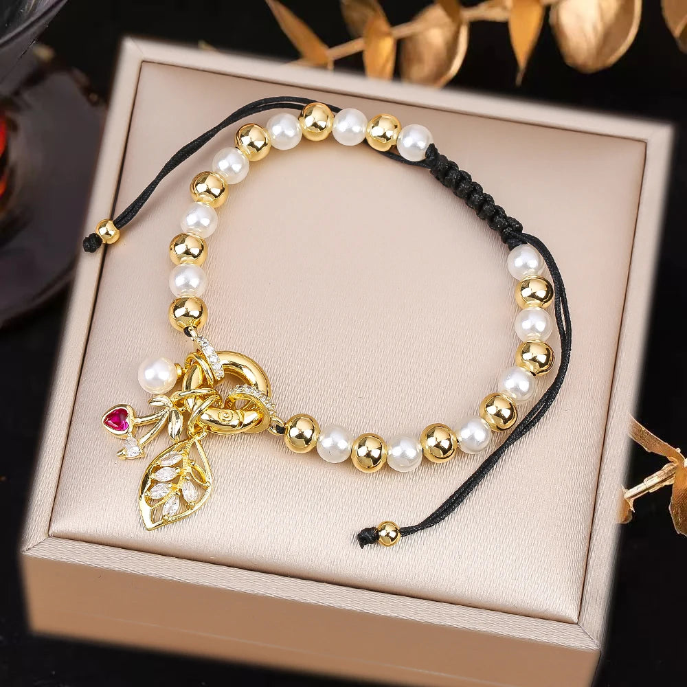 High Quality Pearl Chain Braided Crystal Cherry Adjustable Rope Bracelet Charming For Woman Girl Party Jewelry Gift Daily Wear Qme J