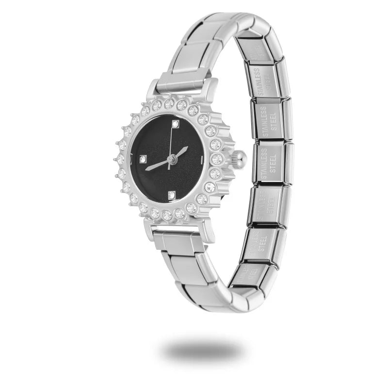 Fashion Women's Stainless Steel Round Shiny Zircon Watch DIY 9mm Width Bracelet Head For Party Friend Birthday DIY Jewelry Gift Qme S 32