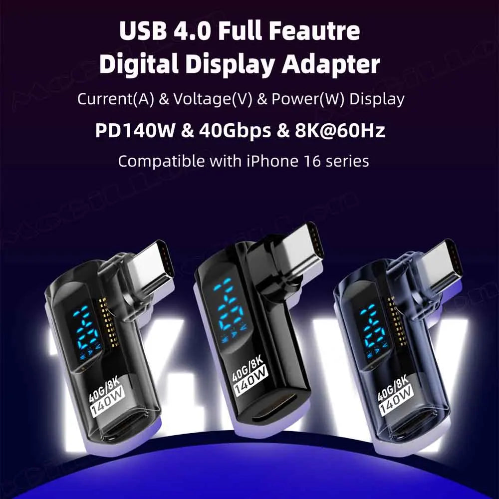 USB 4 Type C Adapter 40Gbps 140W 90 Degree USB C Adapter for Thunderbolt 4 3 Cable Connector Right Angle U Shape Digital Display Qme
