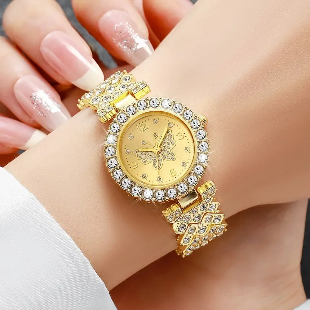 5PCS Luxury Rhinestone Butterfly Dial Women's Quartz Watch Elegant Ladies Bracelet Wristwatch Jewelry Set Qme