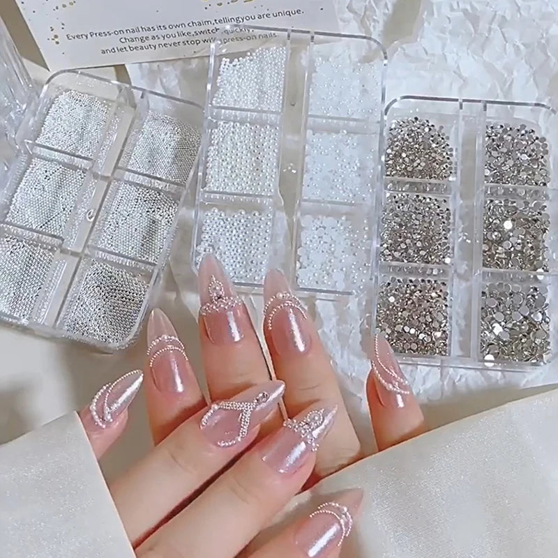 6 Grids Mini Pearl Nail Beads 0 6- Silver Stainless Jewelry Metal Qme