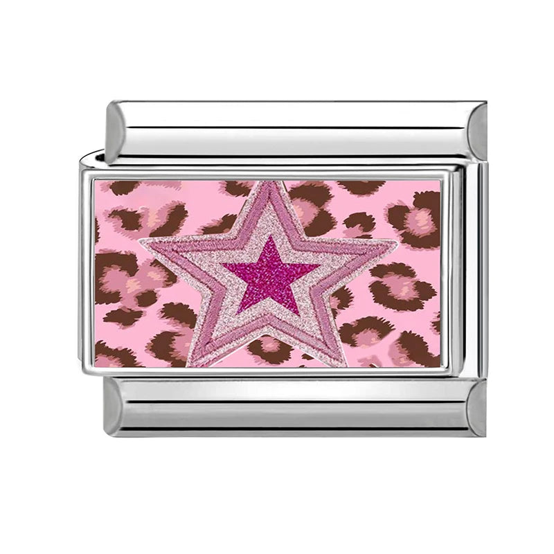 2026 Wholesale Women Fashion Pink Stars Leopard Print Italian Charm Fit 9mm Stainless Steel Bracelet Drop Shipping Gifts Jewelry Qme Style 15