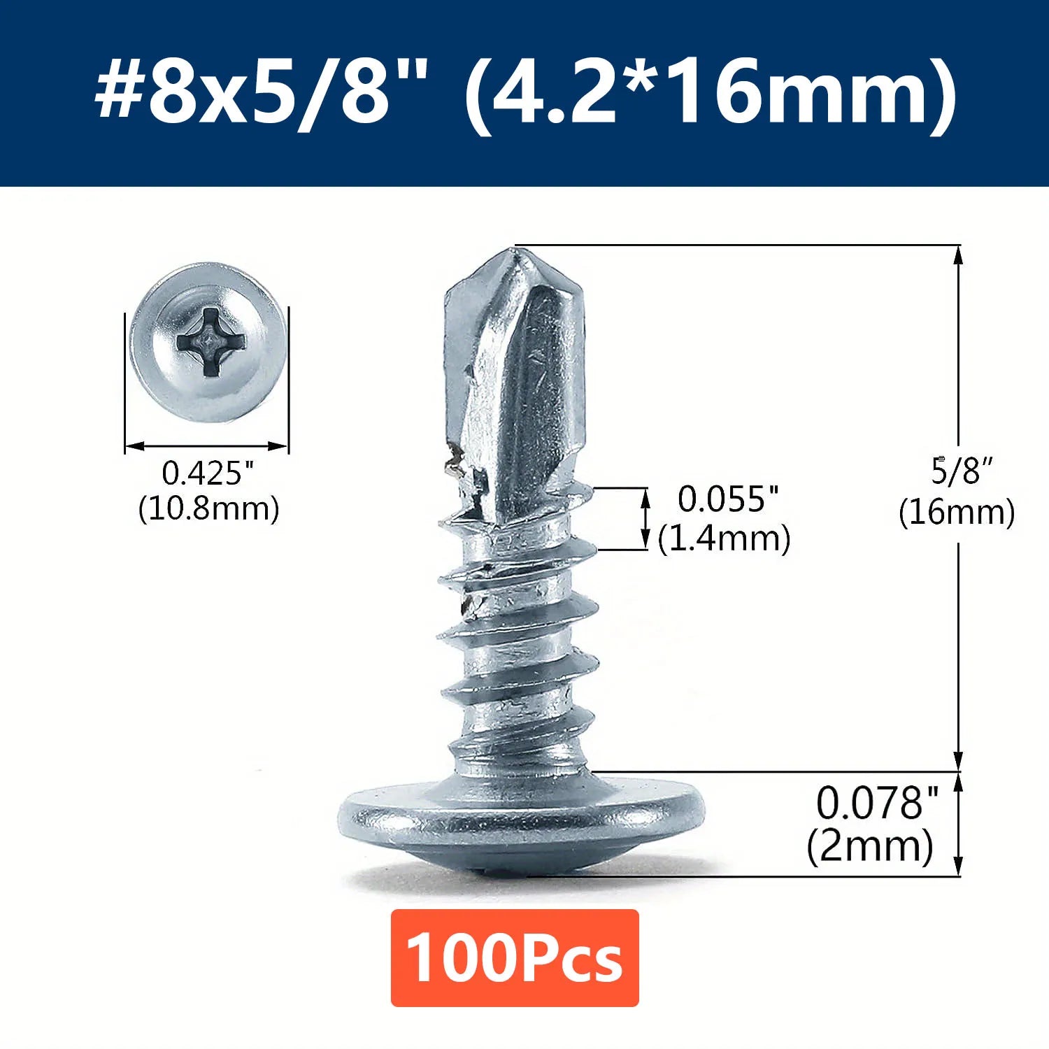 #8 Phillips Truss Head Self Drilling Tek Screw Zinc Oxide Sheet Metal Screws Fast Self Tapping Screws Lath to Metal Studs 100Pcs Qme 100pcs 16mm