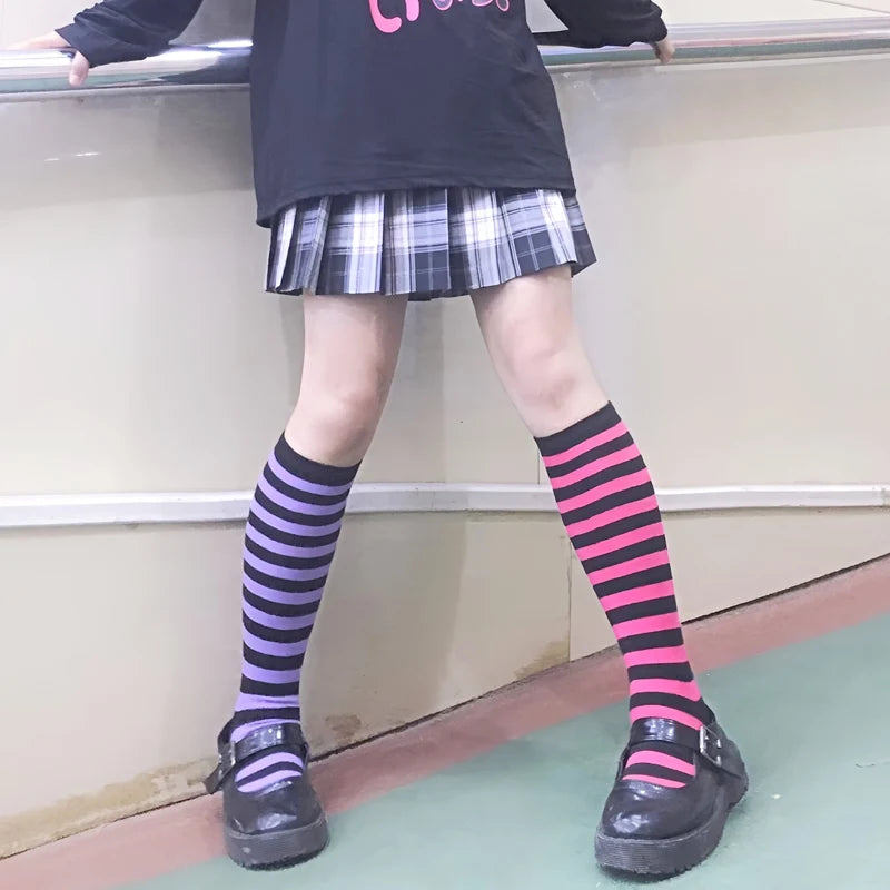 Women Black White Stripe Knee Socks Sweet Lolita Harajuku Stocking Qme