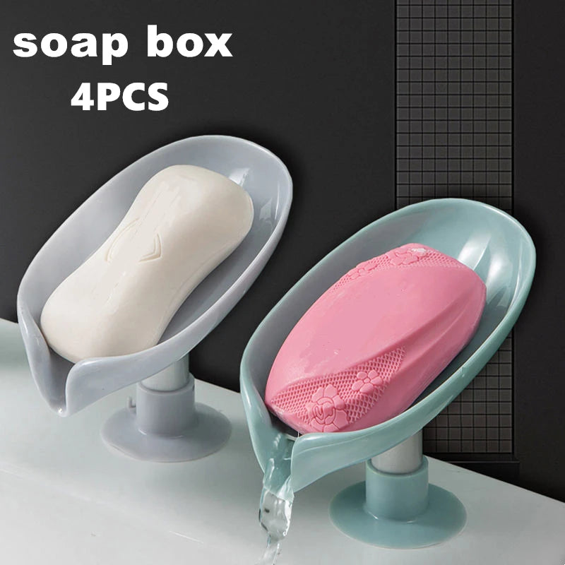 Leaf Design Drain Soap Box With Suction Cup Decorative Plastic Self Draining Bathroom Soap Tray Bathroom Organizers Storage Qme