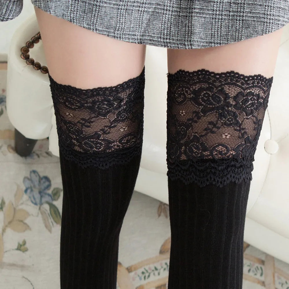 Sexy Women Floral Lace Patchwork Over Knee Thigh High Elastic Stockings Fashion Dress Up Accessories Qme