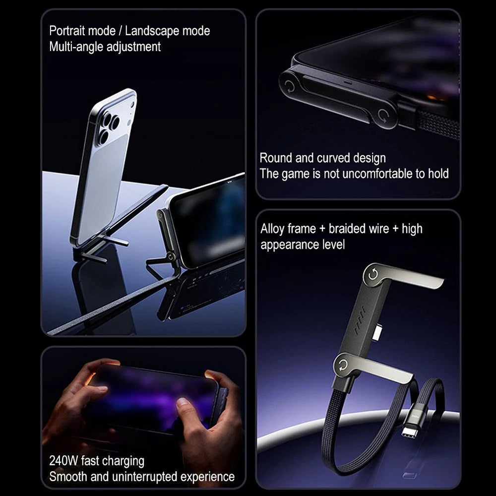 USB C to Type C 240W 2 IN 1 Cable Foldable Holder Data Cord Fast Charging Braided Elbow PD Wire For iPhone 17 16 Samsung Xiaomi Qme