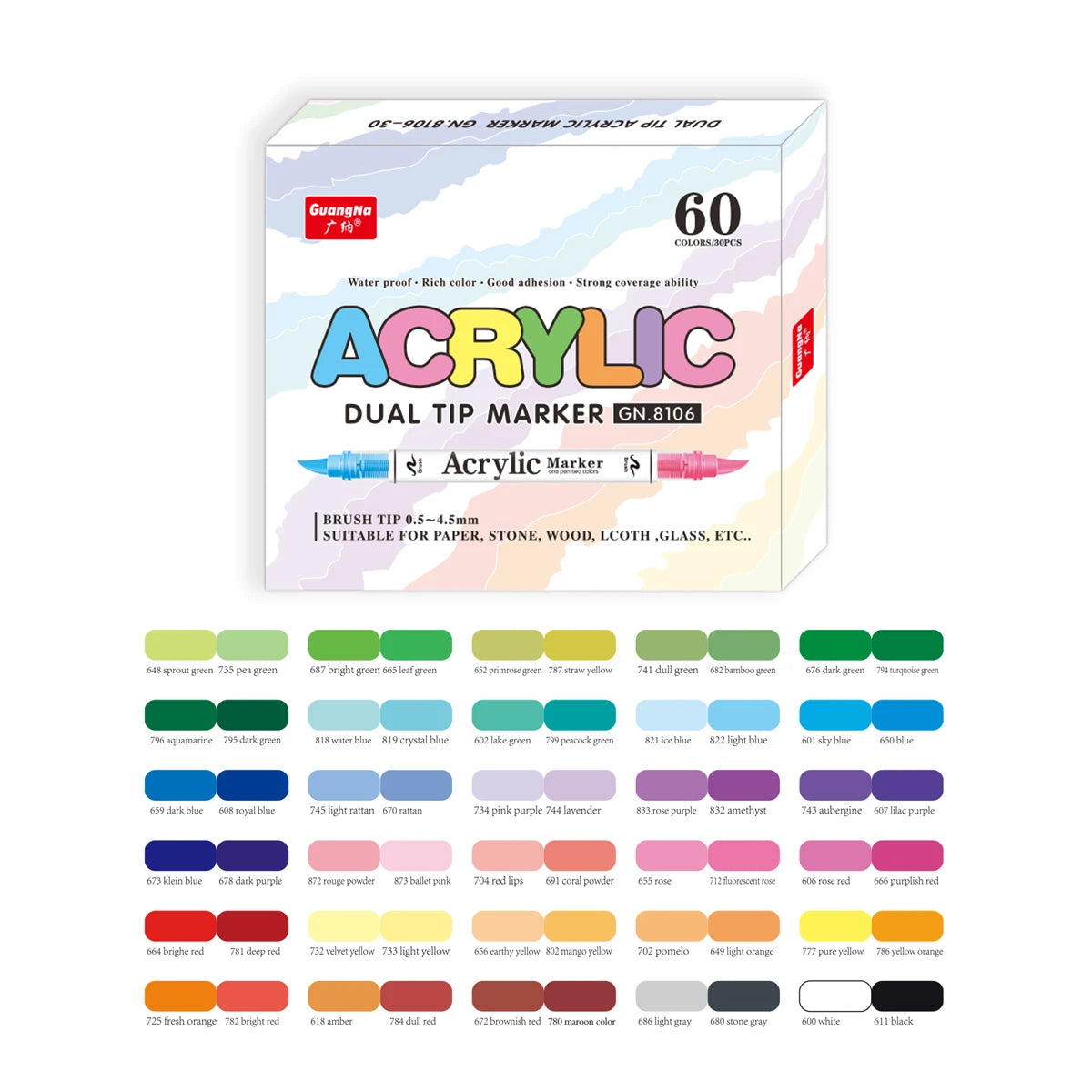 GN Dual Tip Acrylic Paint Markers,Brush Tip Permanent Acrylic Pens For Ceramic,Plastic, Egg,Scrapbook,Art Painting Supplies Qme 30 Pcs-60 Colors