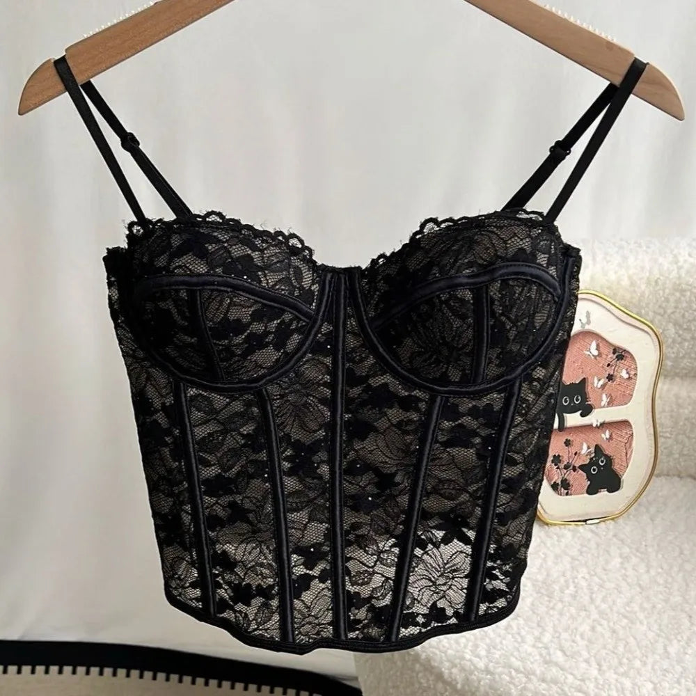 Sweet Mesh Flower Slim Lace Crop Bottoming Shirt Fishbone Corset Qme