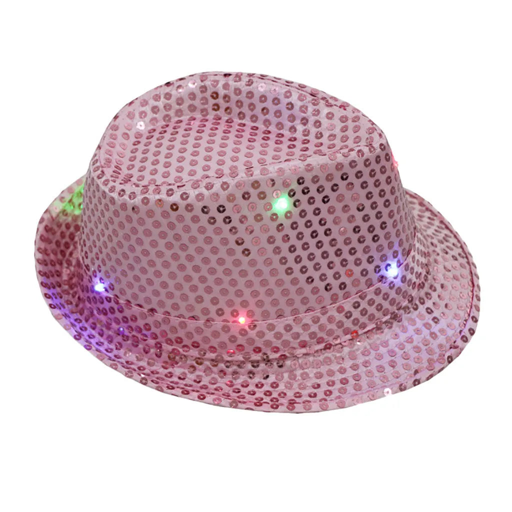 Unisex Hip Hop Jazz Hat Fancy Party Stage Dance Sequins Show Glitter Caps Performance Costume Clown Magician Hat for Kids Qme Pink