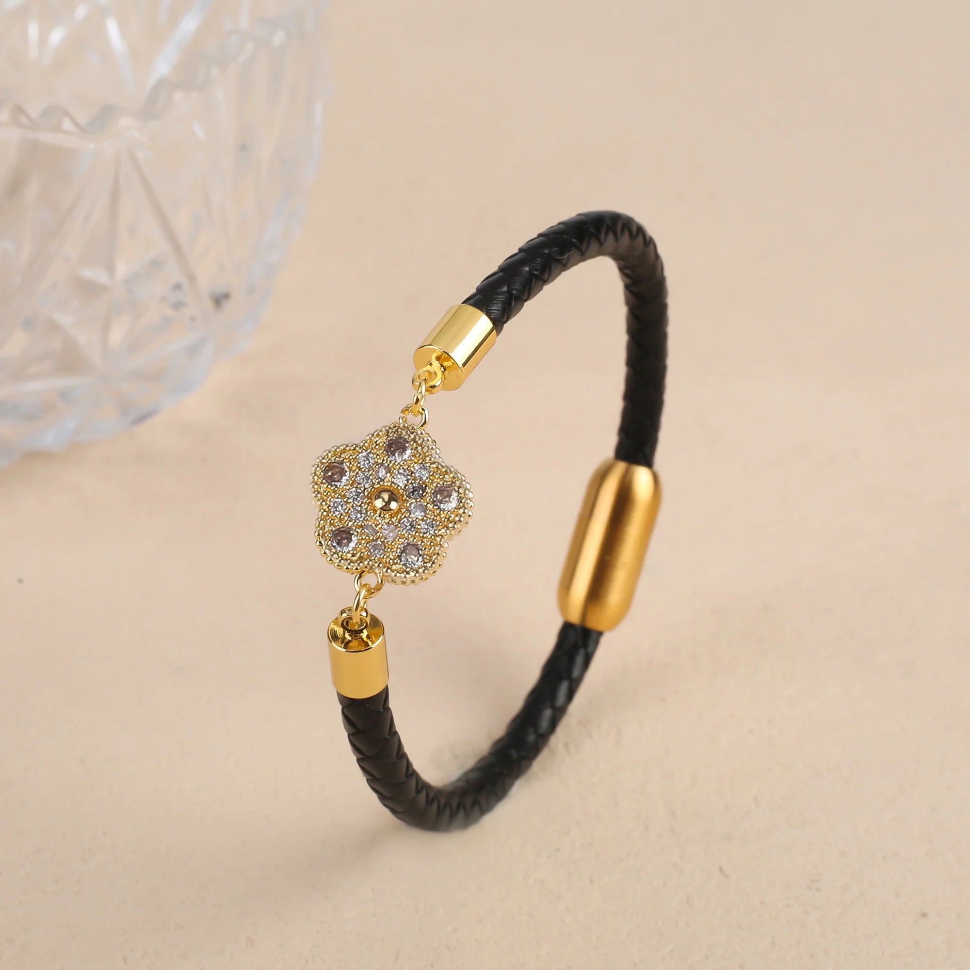 10 Colors Natural Gem Five-Leaf Flower Leather Bracelet Stainless Steel Magnetic Buckle for Women Flower Jewelry Free Shipping Qme Colors 11 23cm Coffee Leather