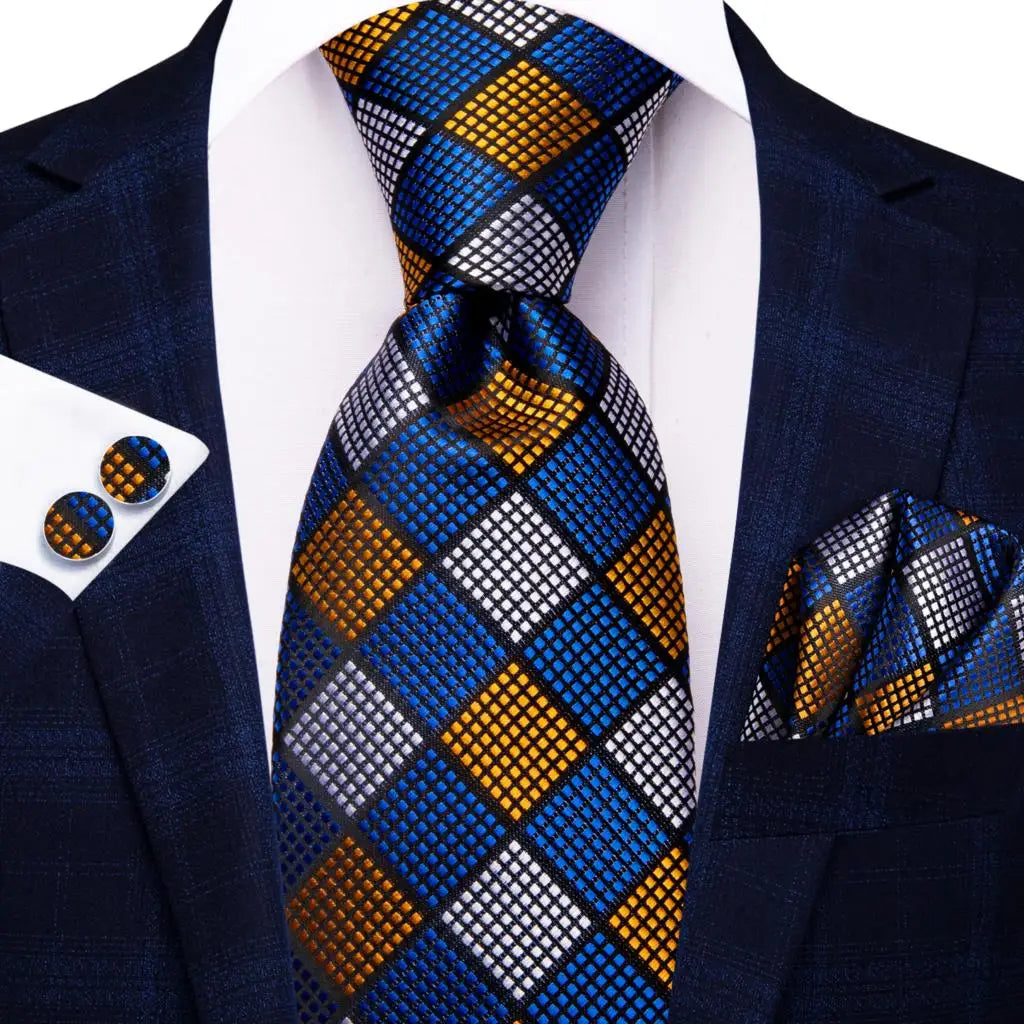 Hi-Tie Navy Blue Floral Striped Silk Elegant Tie For Men Groom Wedding Men Necktie Pocket Square Cufflink Accessory Wholesale Qme N-3880