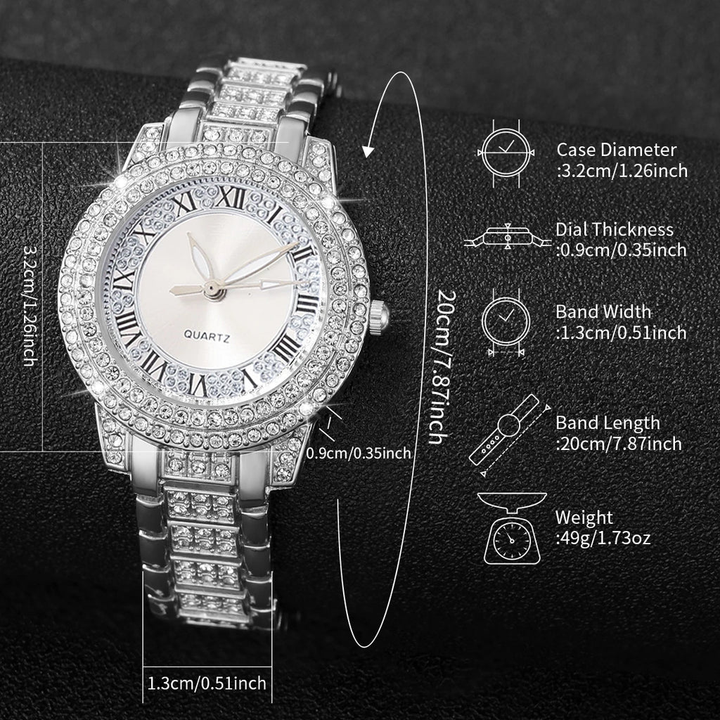 6PCS/Set Fashion Women Watches Luxury Rhinestone Roma Dial Quartz Watch Steel Band Wristwatches Diamond JewelrySet（Without Box） Qme