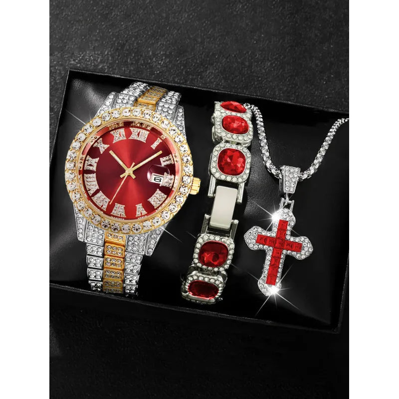 18 styles of hip-hop diamond studded quartz watches, sugar bracelets, cross necklaces, men's large dial set Qme Ivory
