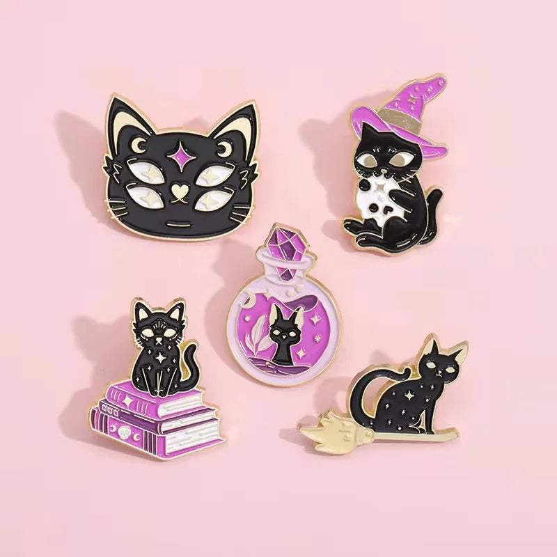 Witch Enamel Pin Punk Black White Cat Brooch Magic Hat Badge Book Wings Lapel Animal Goth Purple Crystal Jewelry Gift Wholesale Qme