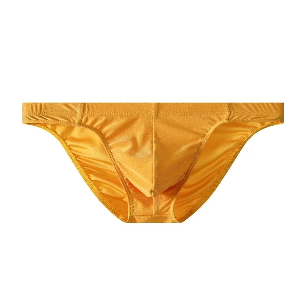 Triangle Men Ice Silk Briefs Low Waist Underpants Men's Triangle Panties Solid Color Underwear Male Seamless Briefs Men Qme Dark Yellow 1XL