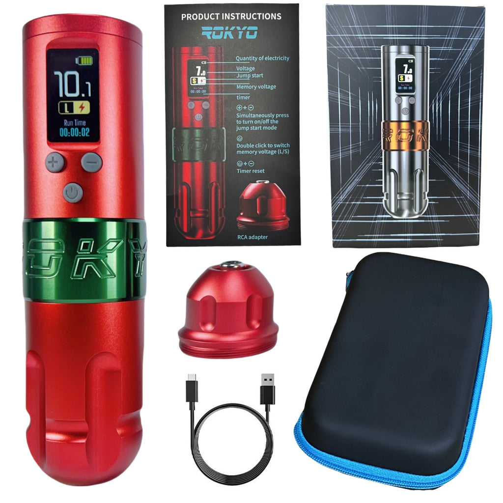 ROKYO Wireless Tattoo Machine Cartridge Pen Direct Drive Brushless Motor 4.0mm Stroke Battery Power For Liner Shading Tattoo Qme Red One Battery