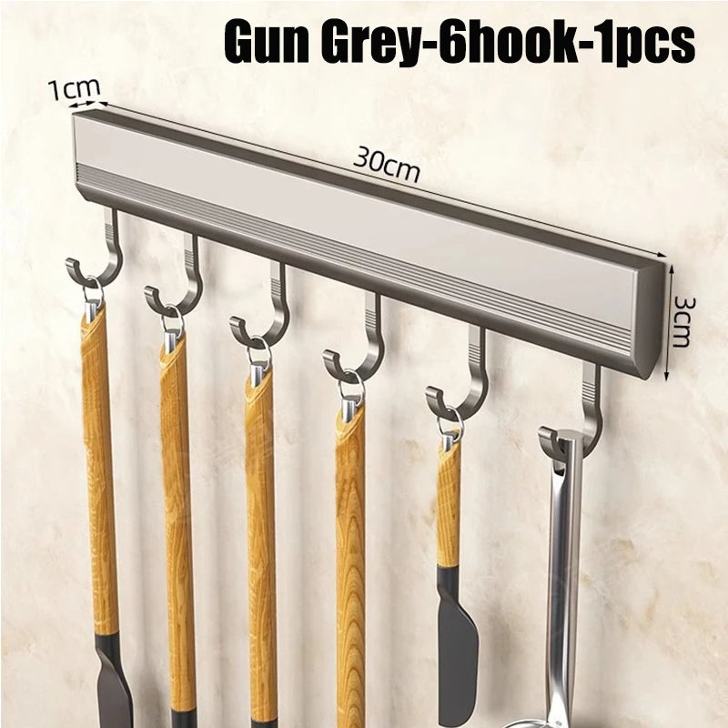 Kitchen Storage Rack Aluminum Alloy Hook Rack Wall Mounted Kitchen Utensil Storage Rack Bathroom Robe Towel Hanger Qme 6 hooks
