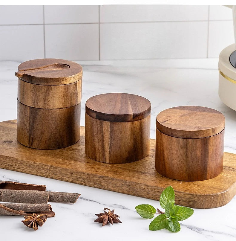 A Acacia wood salt jar, solid wood seasoning box, wooden pepper box, kitchen seasoning bottle, salt box, storage seasoning jar Qme