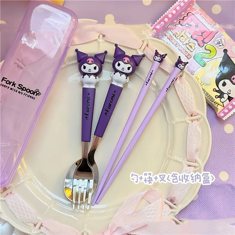 Hello Kitty Cartoon Children's Tableware Spoon Portable Two-Piece Set for Students Stainless Steel Fork and Spoon Set Qme 6