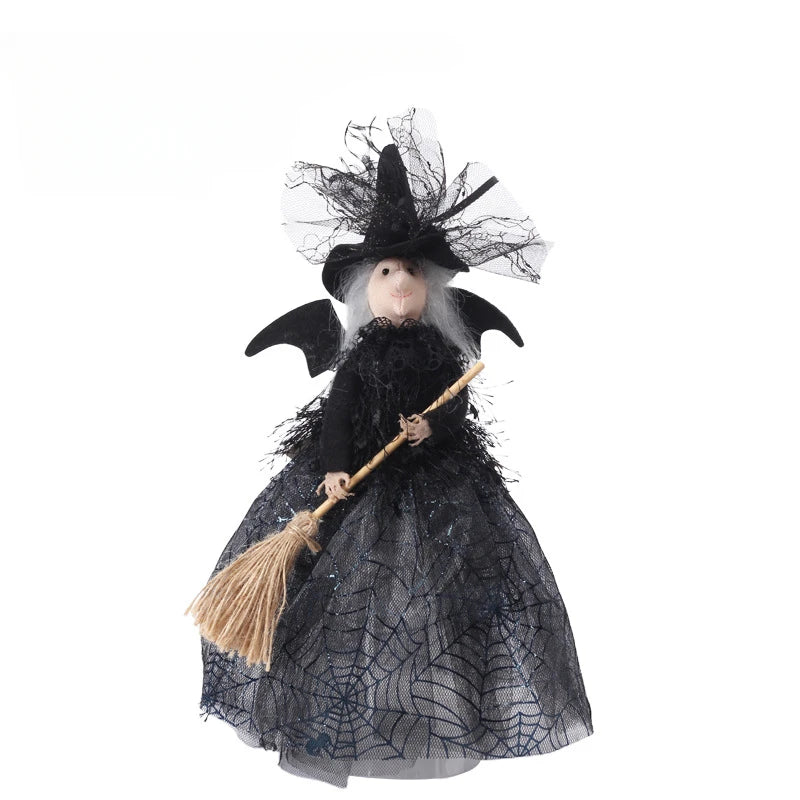 Halloween Broom Witch Doll Haunted House Doll Ornaments Black Spider Web Dress Witch Halloween Ghost Festival Decorate Props Qme black