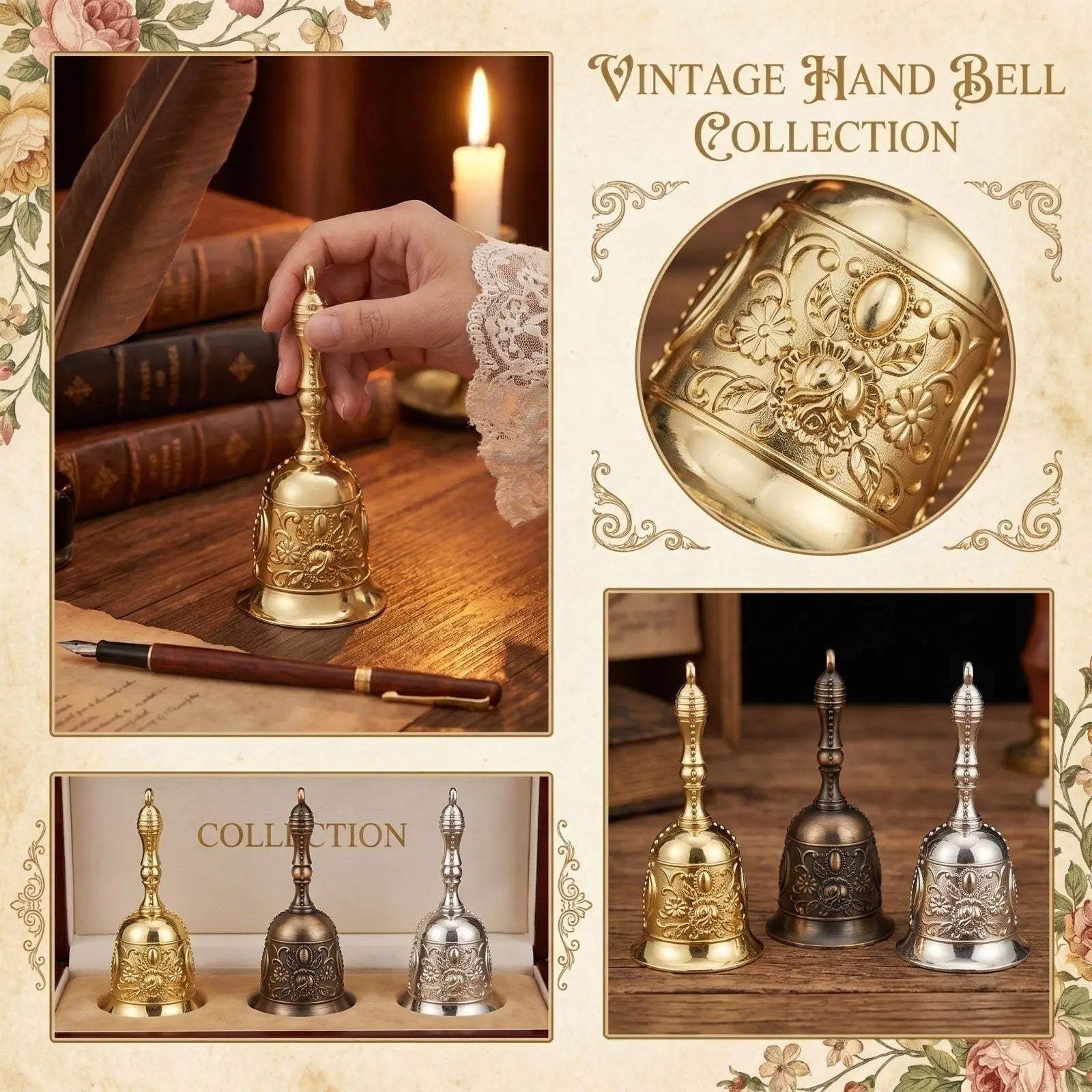 Brass Handicraft Large Engraved Hand Bell Loud and Clear Sound for Meditation Church Bronze Bell Creative Dining Service Bell Qme Gold One Size