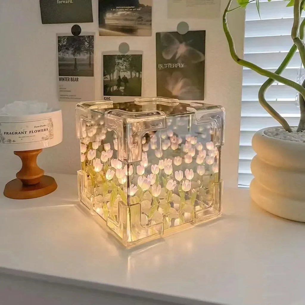 Creative Diy Tulip Flower Sea Cube Three-dimensional Small Night Lamp Qme purple